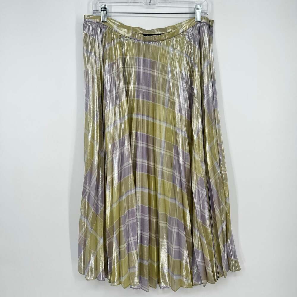 Lauren Ralph Lauren Checked Plaid Pleated Georgette Skirt 12 Green Metallic NEW